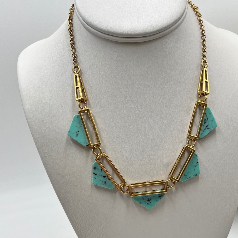 J. Crew Faux‎ Turquoise Gold tone Triangle Stone Geometric Necklace